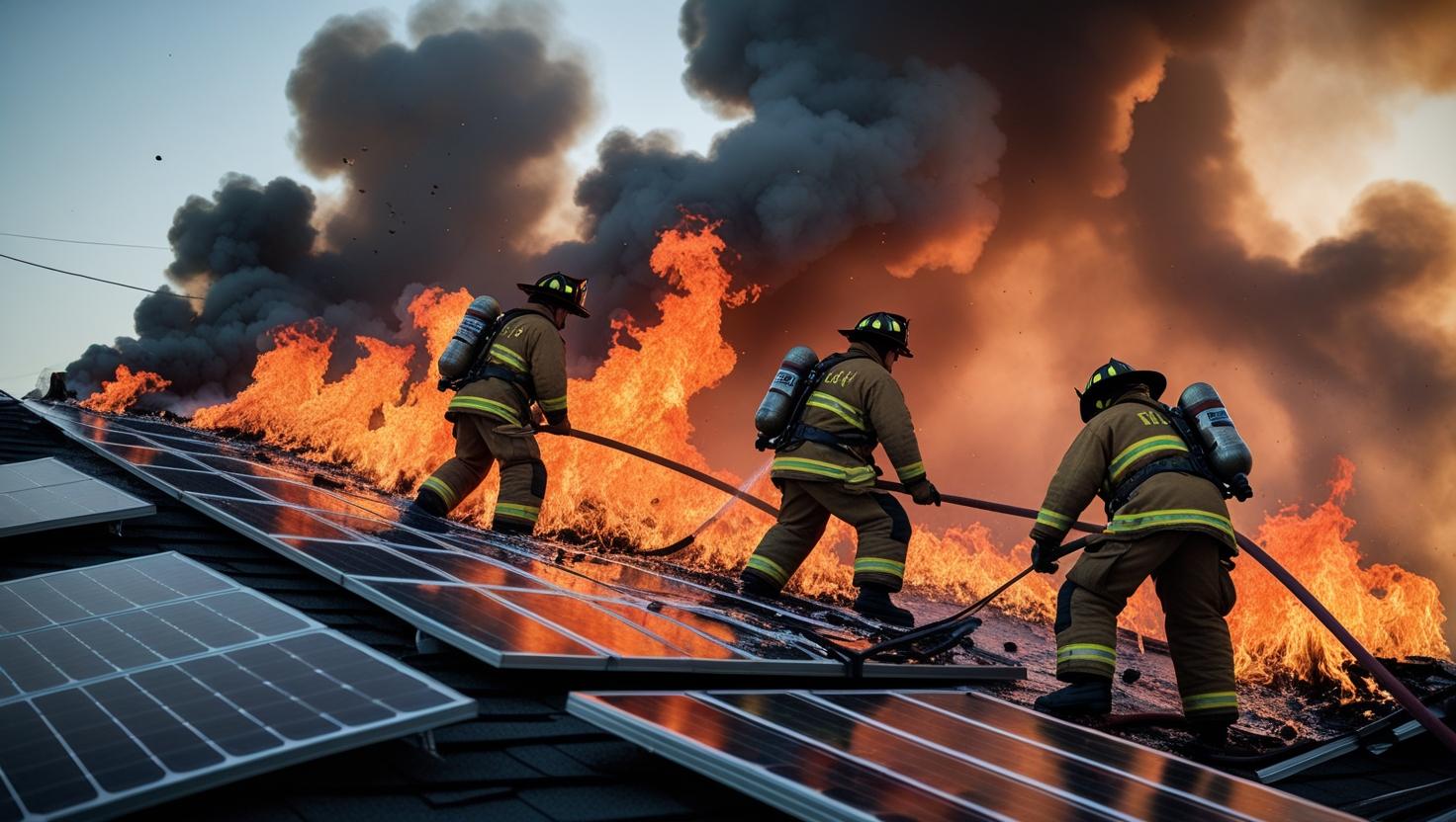 vigili del fuoco spengono un incendio su un tetto causato da pannelli fotovoltaici